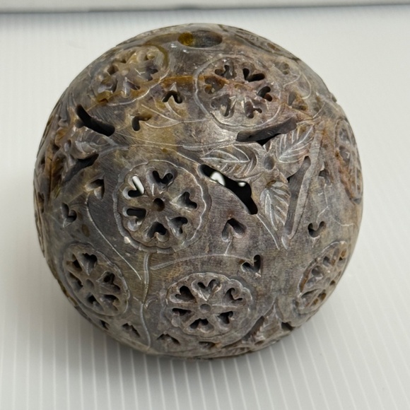 Hand Carved Soap Stone Tea light/Incense holder Orb/Sphere with Base Tribal - Picture 2 of 10